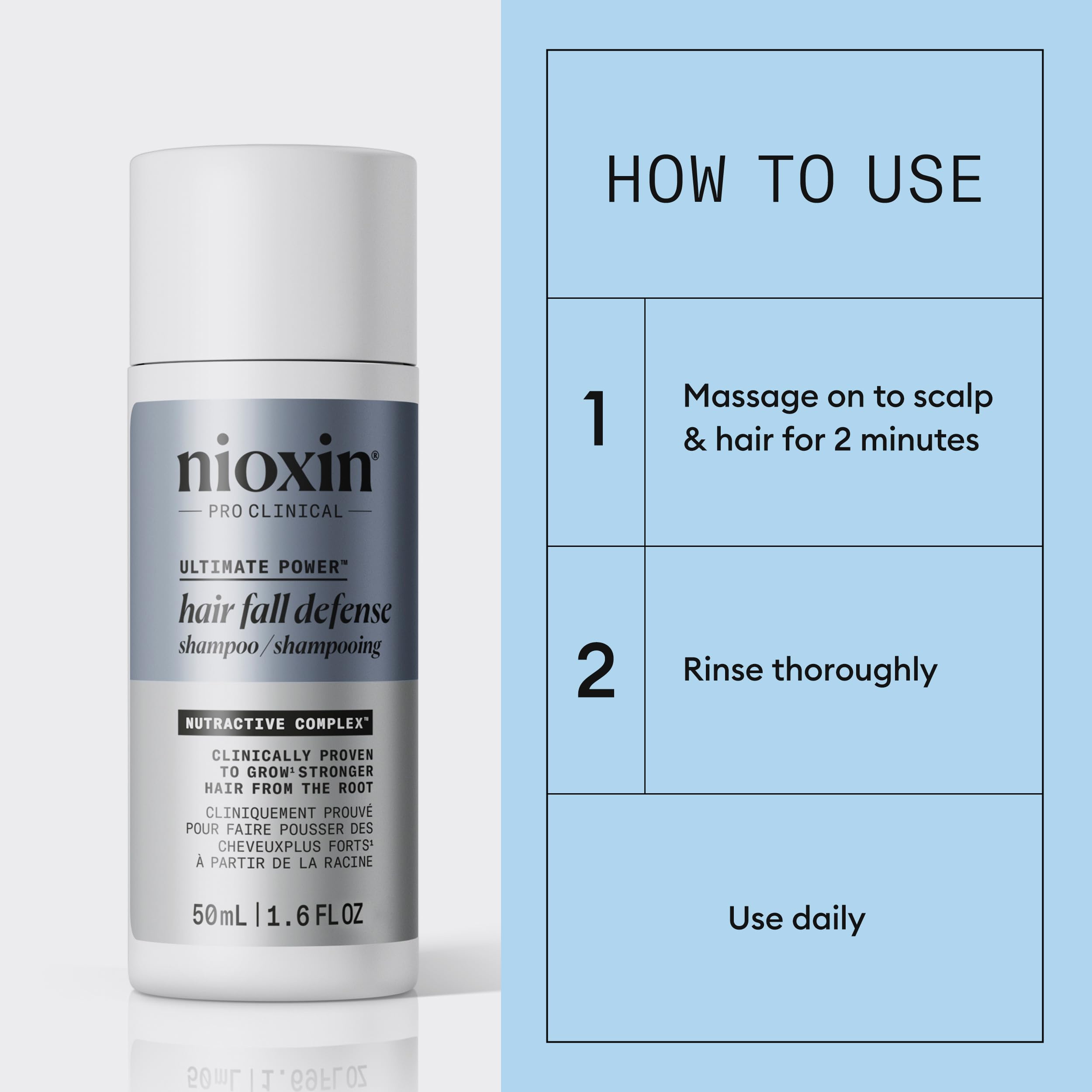 NIOXIN 50mL bottle held in hand showing travel-friendly size