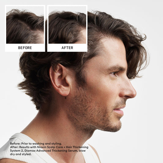 Nioxin conditioner pump and label close-up highlighting ingredients and usage benefit