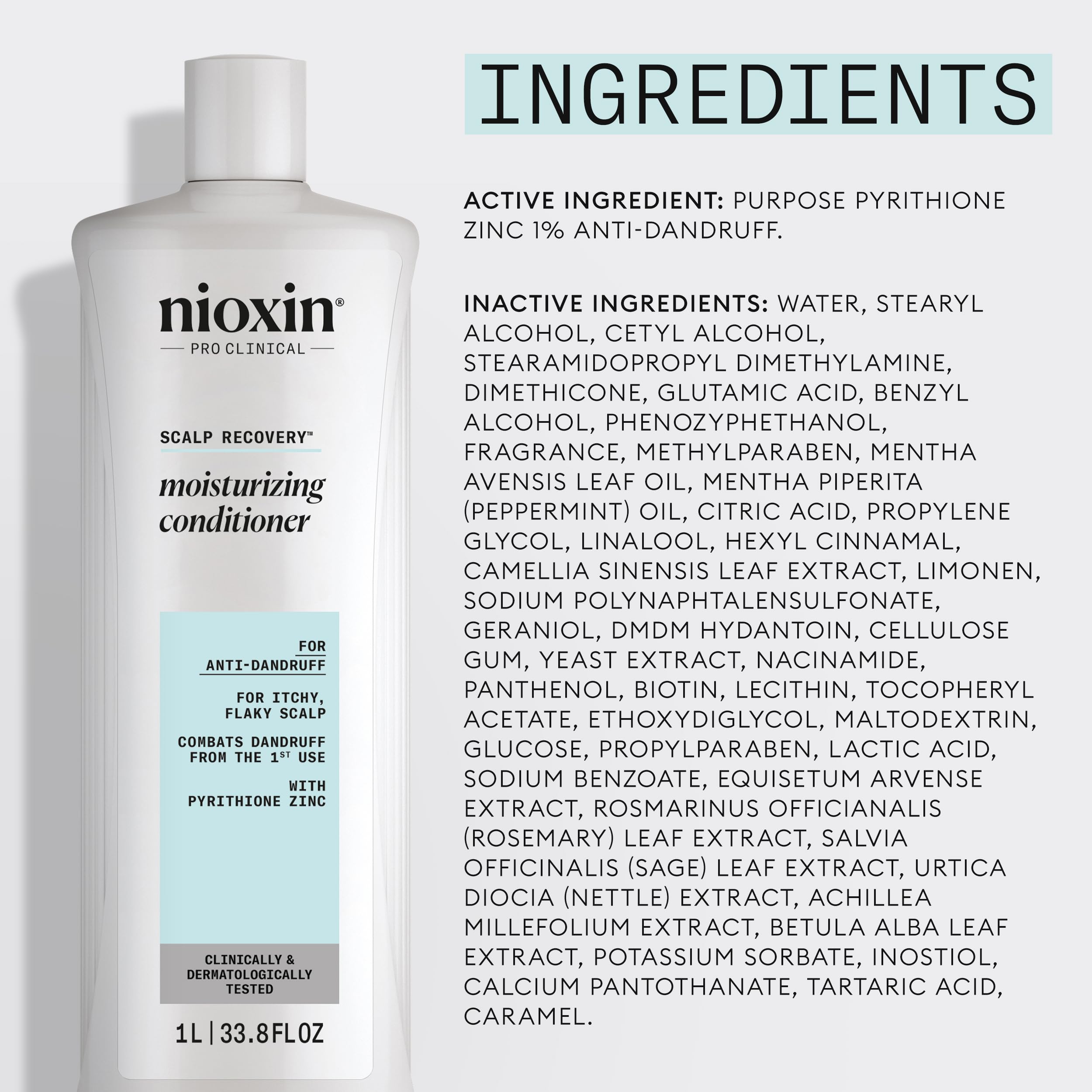 NIOXIN label close-up with pyrithione zinc noted for flake control benefit