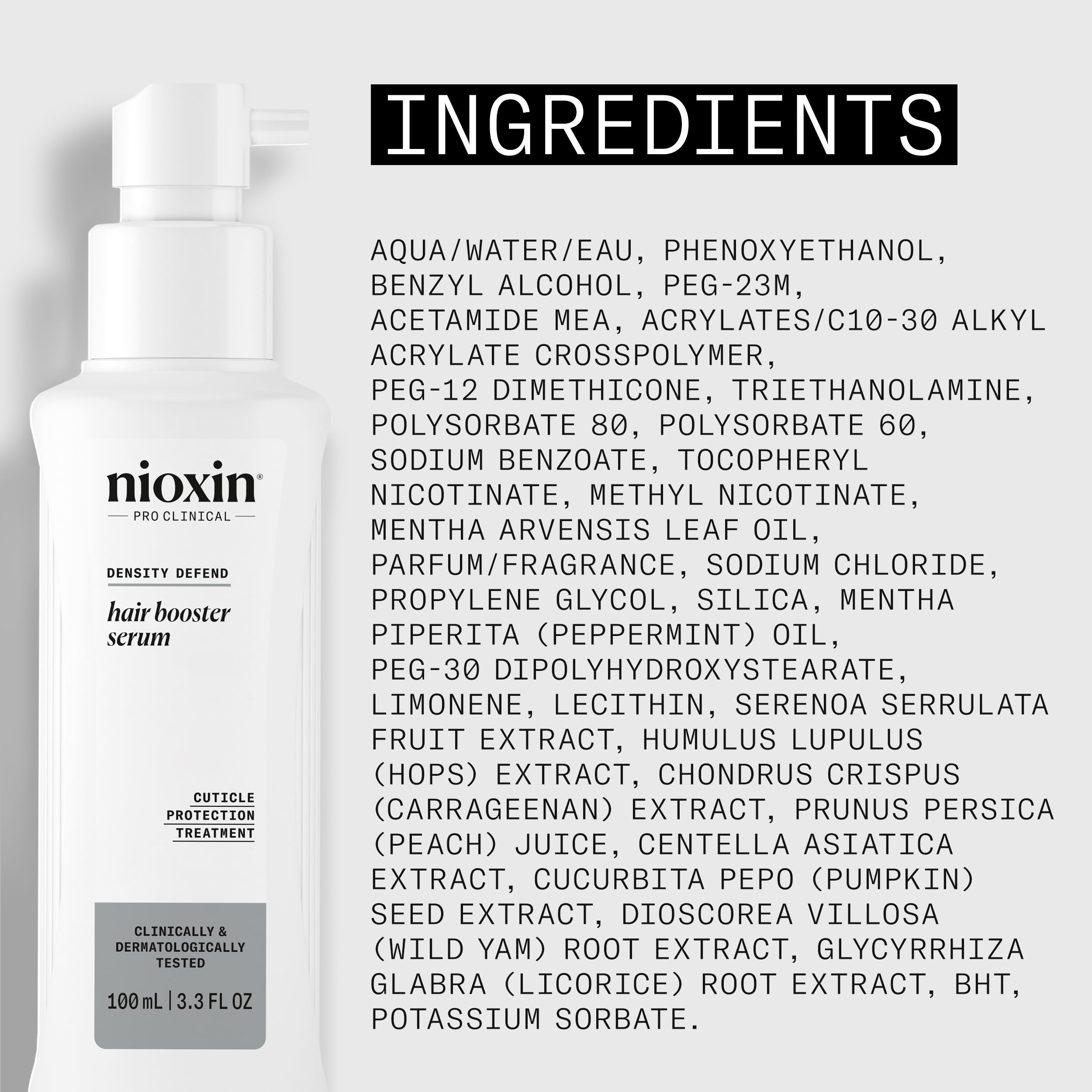 Nioxin label closeup highlighting ingredients and professional formulation benefit