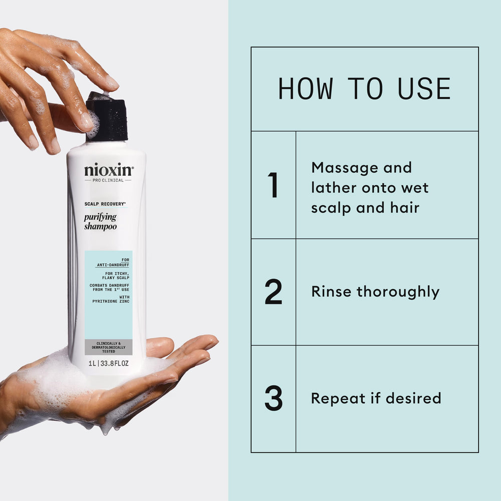 hand holding Nioxin bottle for size comparison and easy 33.8 fl oz scale