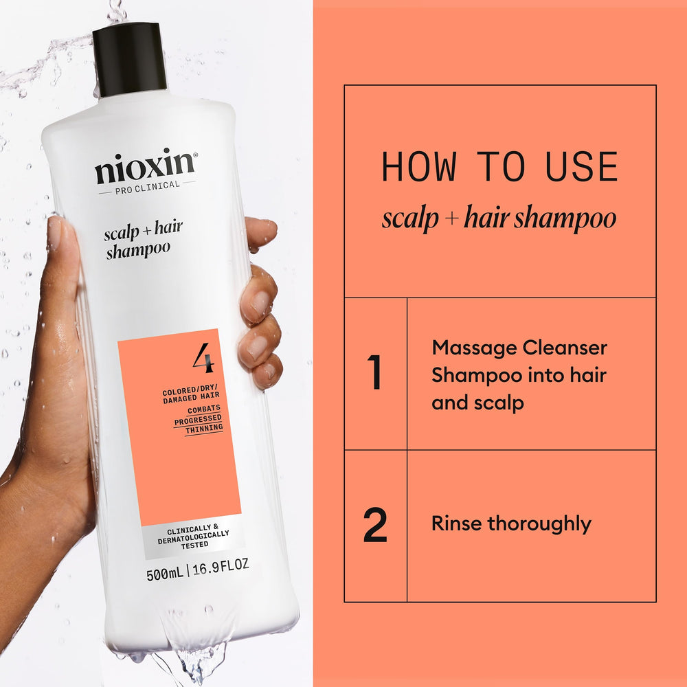 Nioxin bottle next to common items for scale showing 16.9 fl oz size benefit