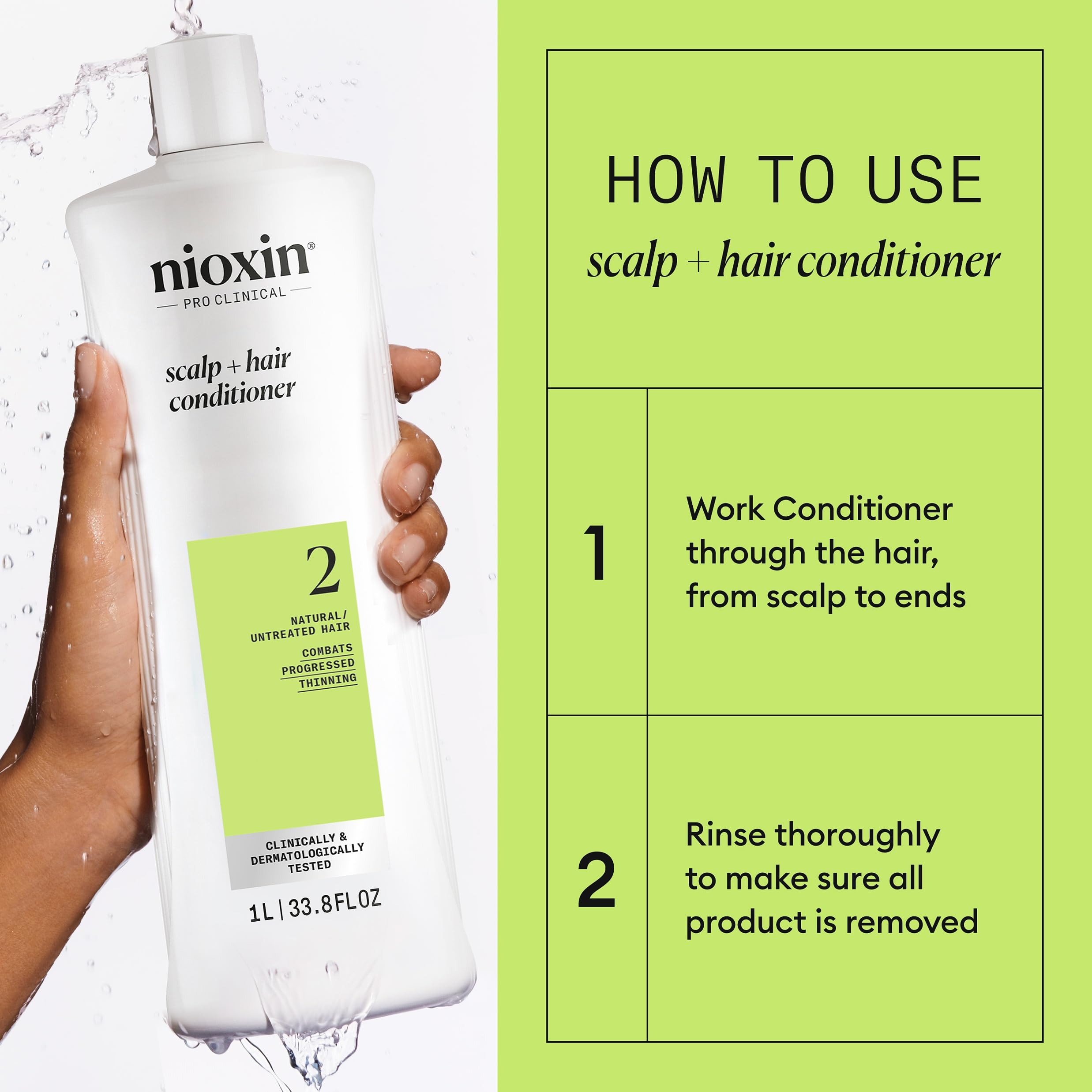 Hand holding 33.8 fl oz Nioxin bottles to show the size and value