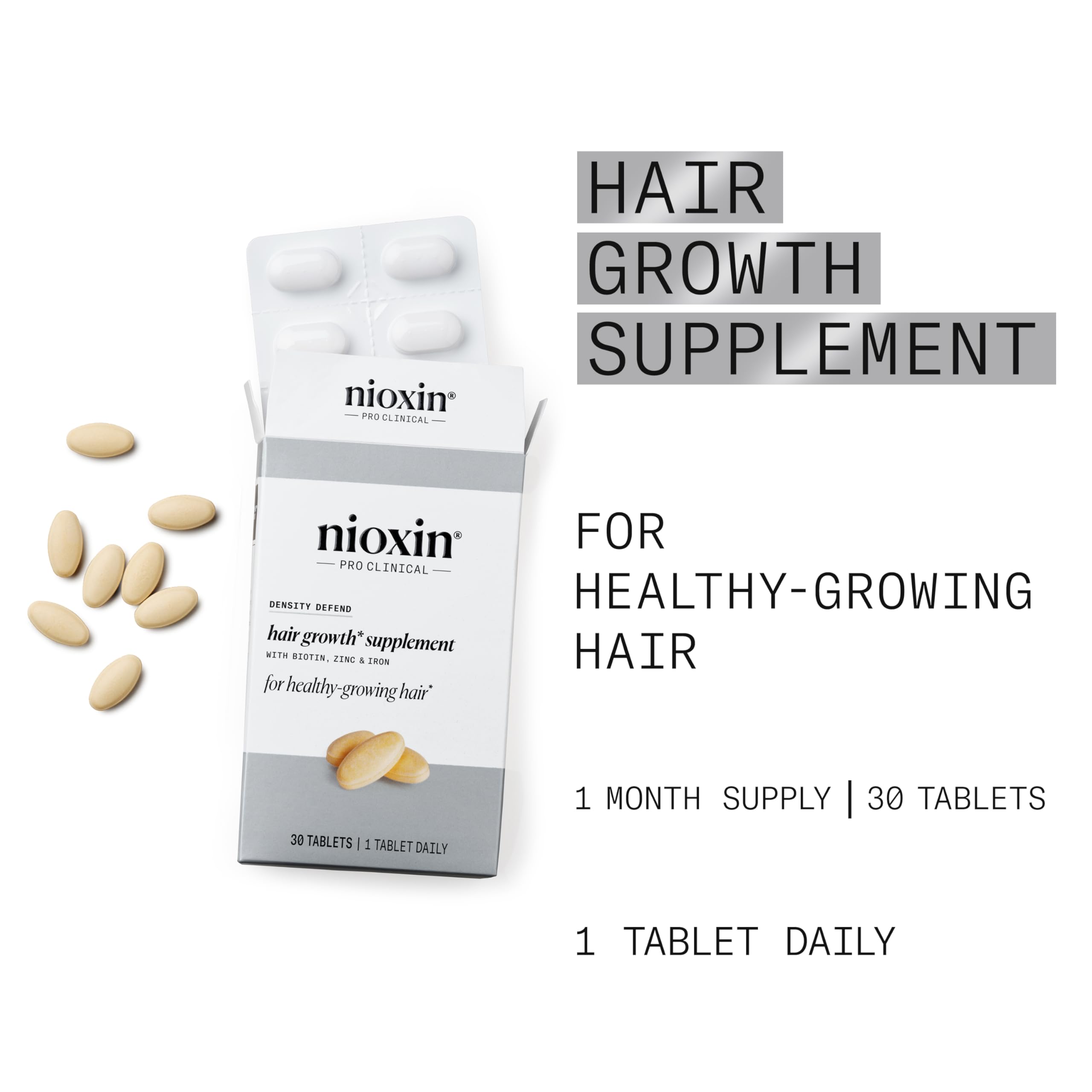 NIOXIN tablet beside ruler demonstrating size and easy dosing