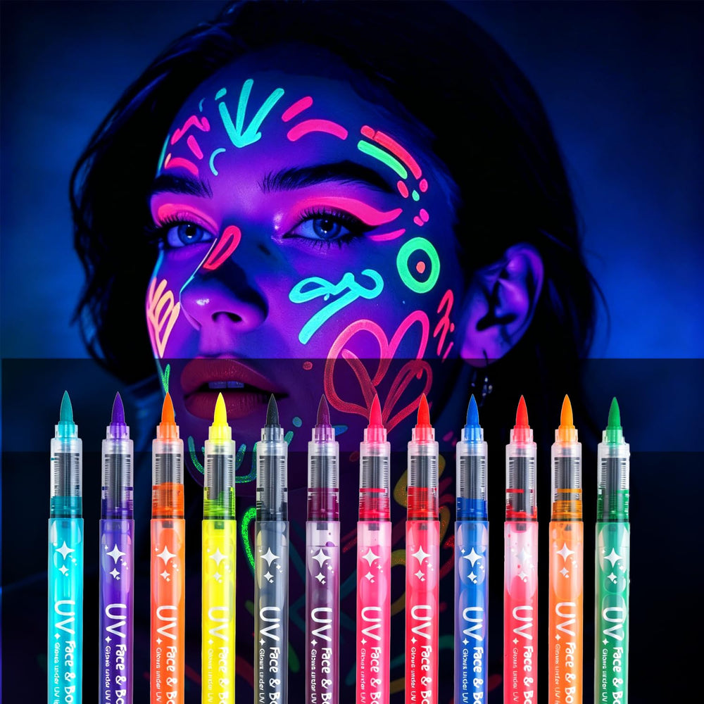 NIUEFH front packaging showing 12 vibrant face paint pens and benefits