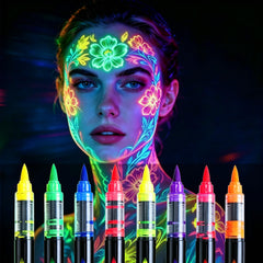 NIUEFH front packaging showing eight neon UV paint pens and quick benefit
