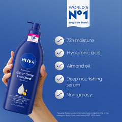 NIVEA ingredients flatlay with almond oil and hyaluronic acid showing nourishing blend