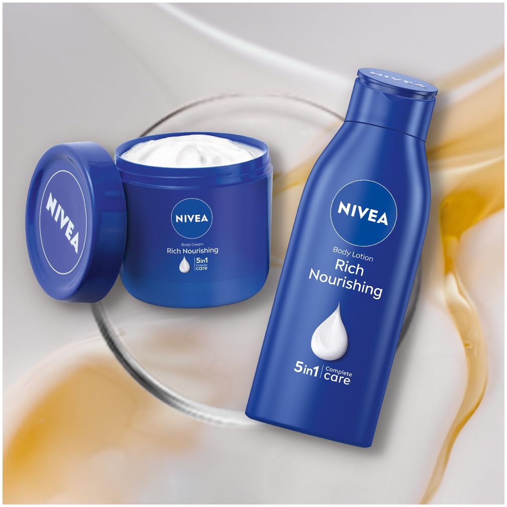 NIVEA almond oil jar beside a hand to show 400 ml scale and value benefit