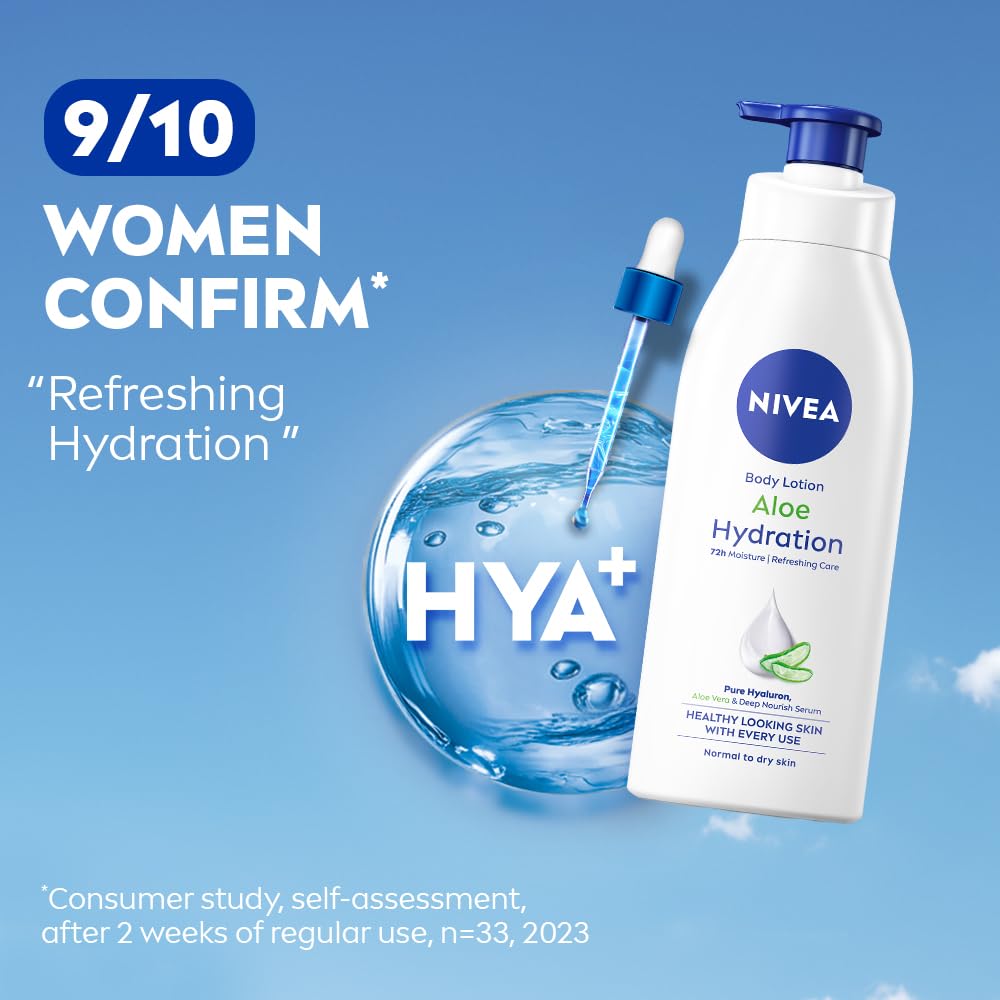 NIVEA aloe hydration 400ml bottle next to common items showing generous home-size volume
