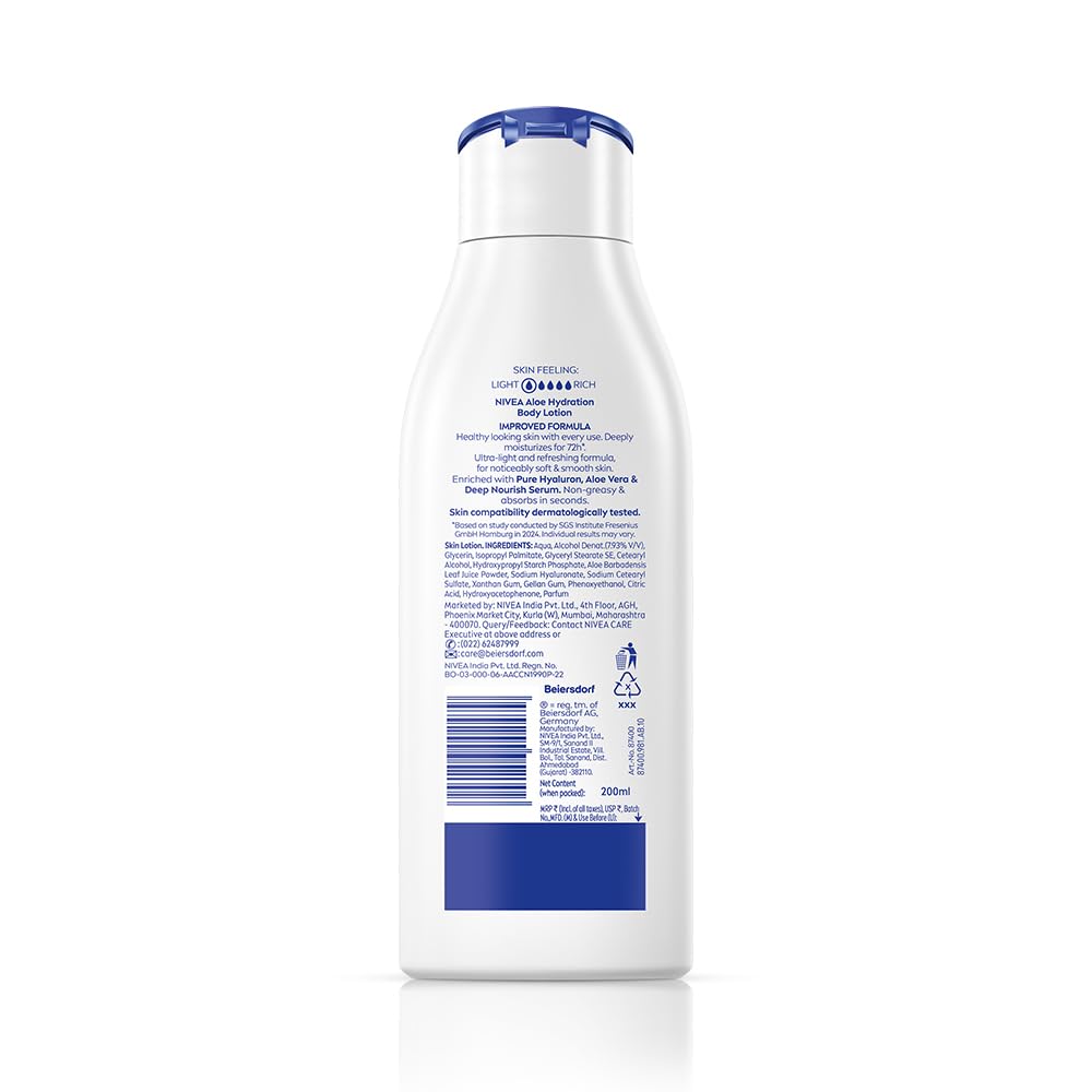 NIVEA bottle held in hand showing 200ml size and travel-friendly benefit