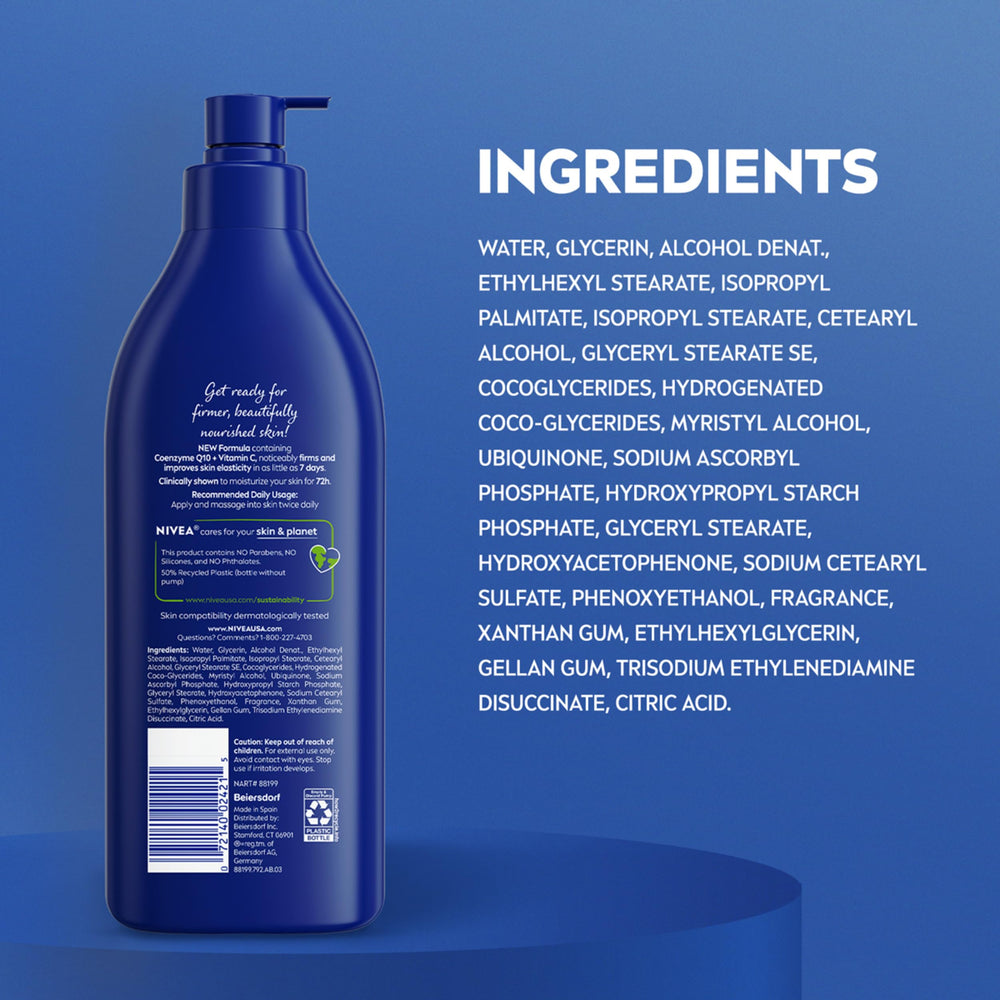 NIVEA bottle with recycled plastic symbol emphasizing eco-conscious packaging