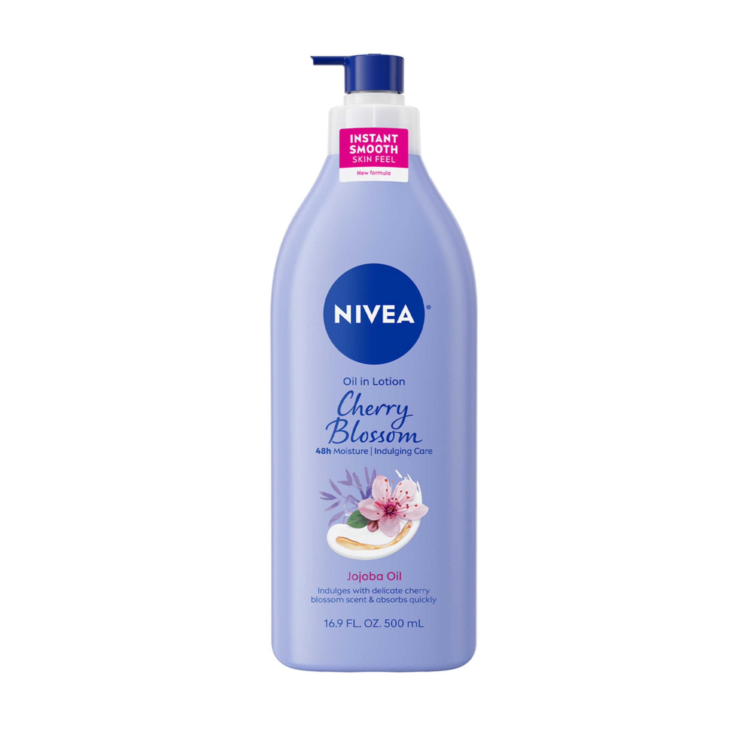 NIVEA front pump bottle showing size and cherry blossom scent benefit