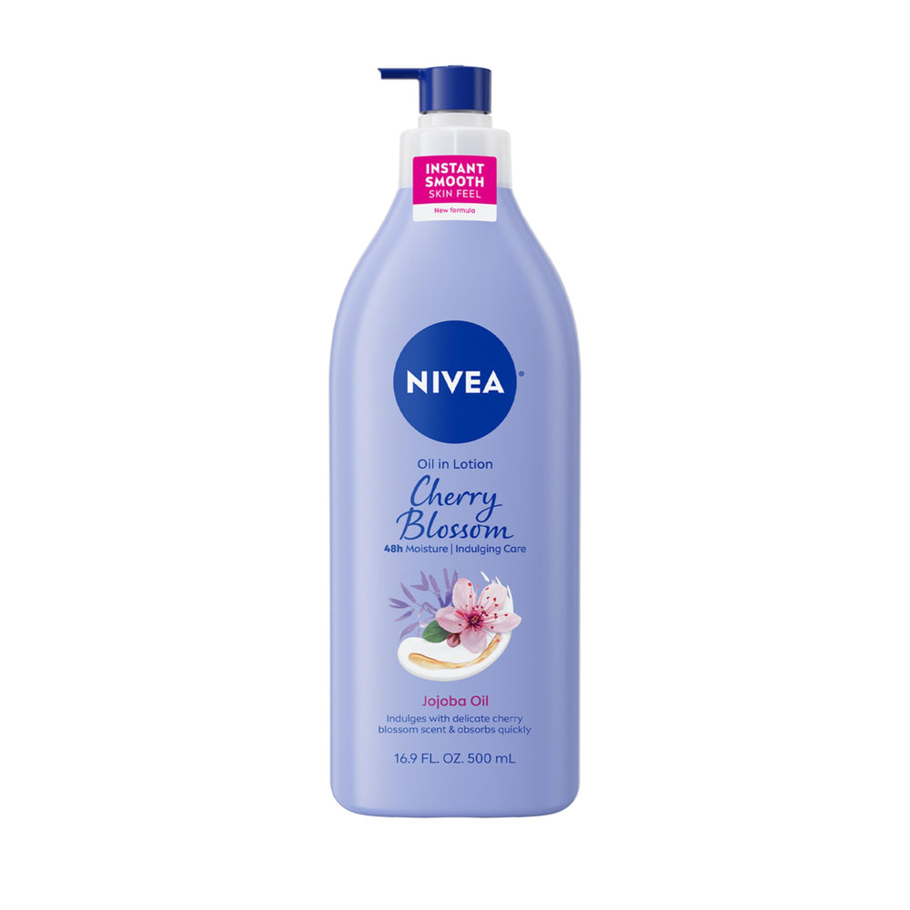 NIVEA front pump bottle showing size and cherry blossom scent benefit