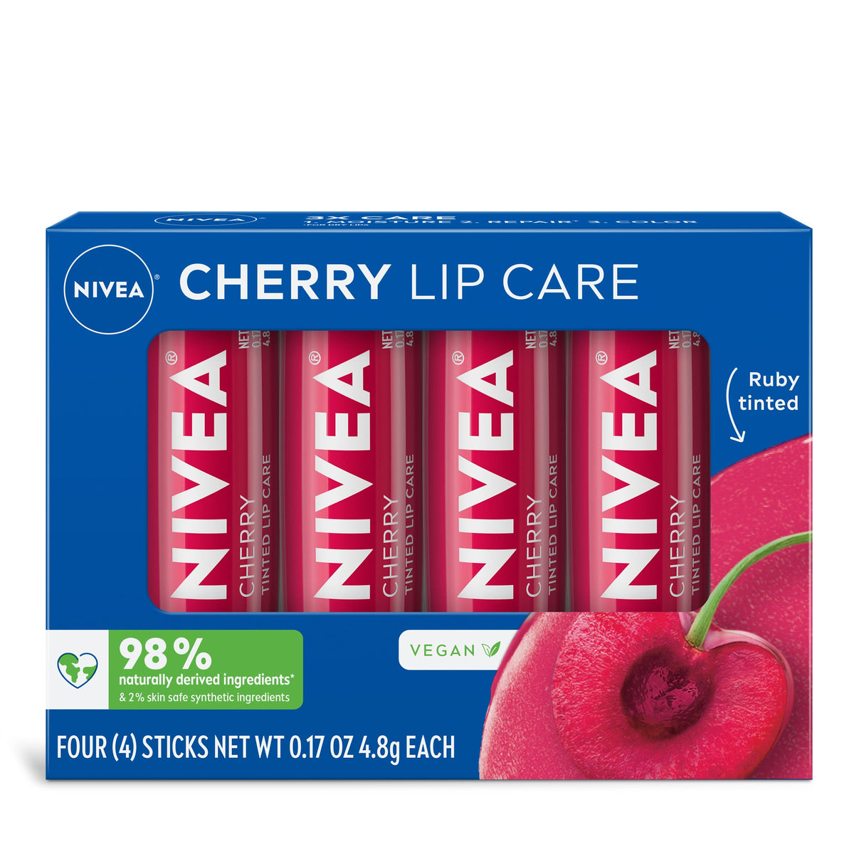 NIVEA cherry front packaging showing ruby tinted balm benefits