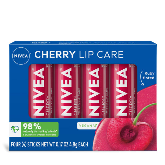 NIVEA cherry front packaging showing ruby tinted balm benefits