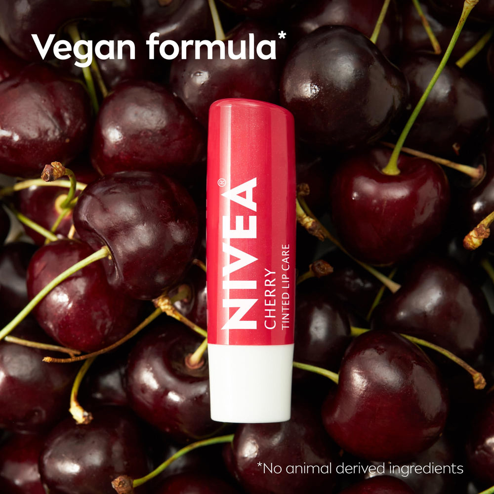 NIVEA cherry open cap label shot showing clear ingredient labeling benefit
