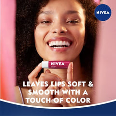 NIVEA applying on lips demonstrating glossy finish and comfortable wear