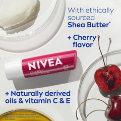 NIVEA cherry size comparison next to lipstick showing compact portability benefit
