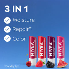 NIVEA cherry lip balm stick close-up showing smooth balm surface and hydrating effect