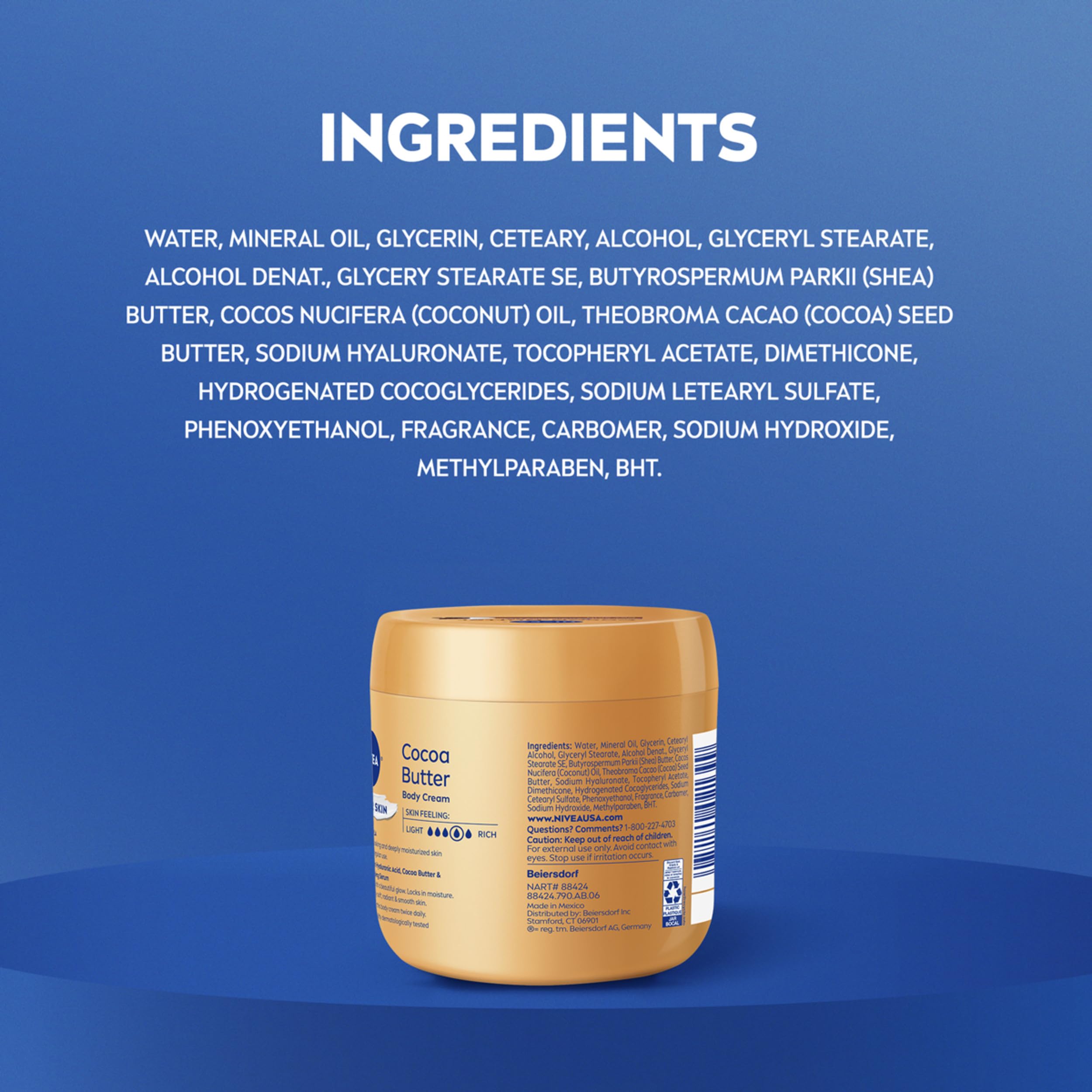 NIVEA label close-up showing ingredients like cocoa butter and vitamin E
