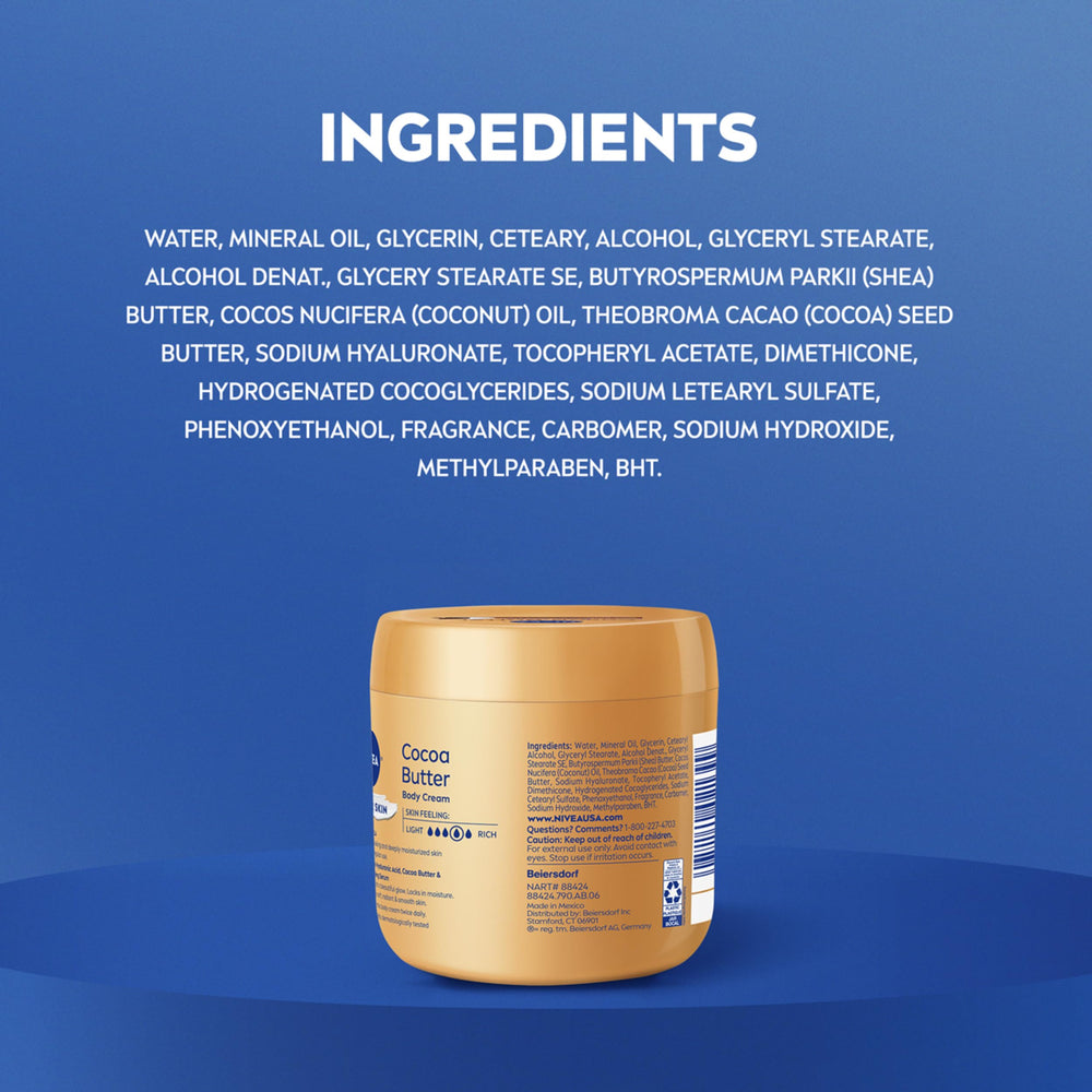 NIVEA label close-up showing ingredients like cocoa butter and vitamin E
