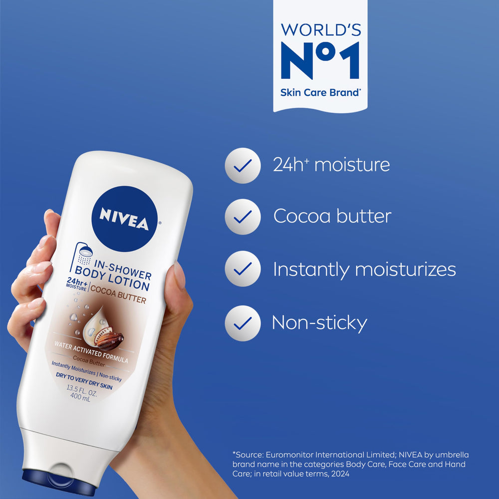 NIVEA pump close-up showing dispenser detail and convenient single-handed use benefit