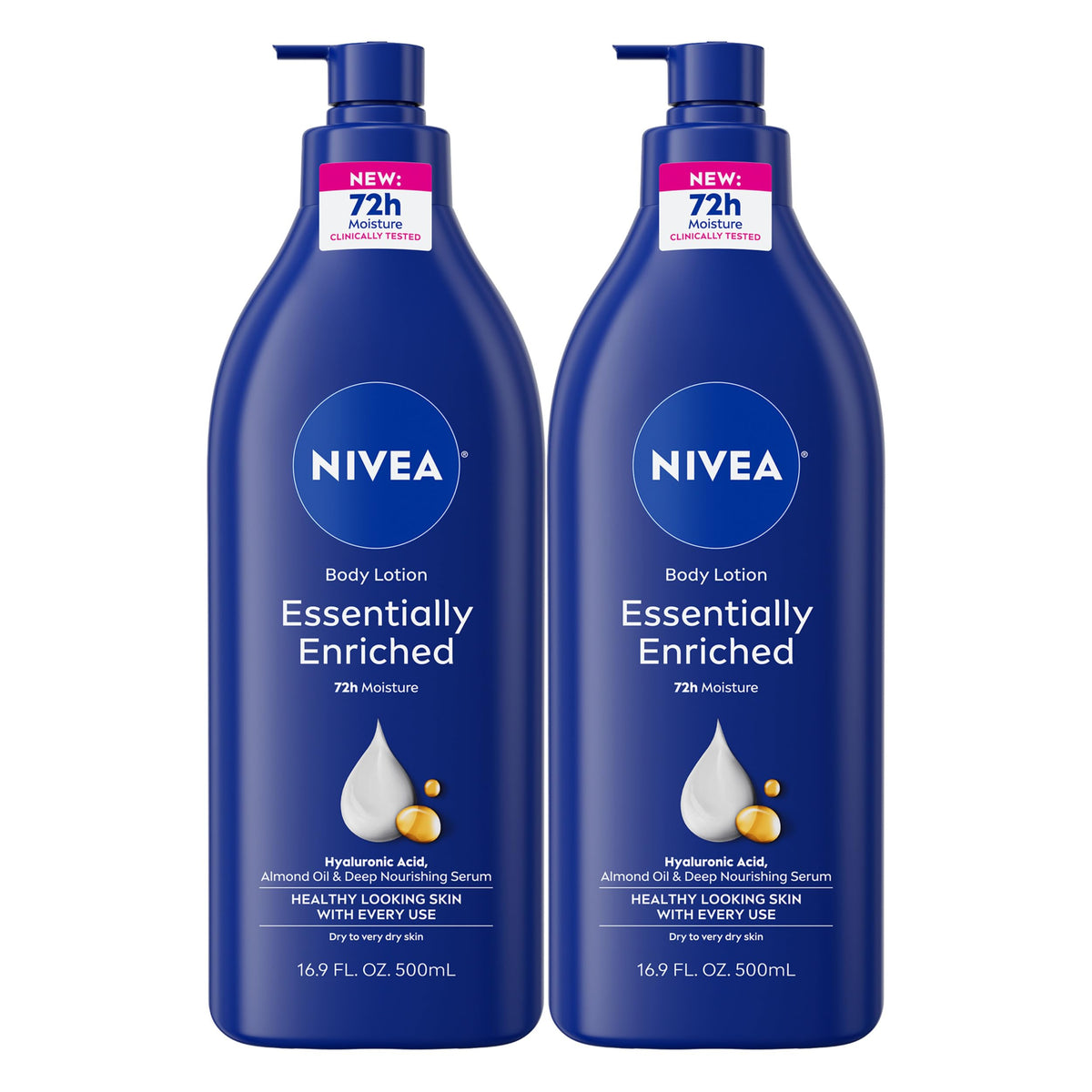 NIVEA front pump bottle shown, clear label and easy dispensing benefit