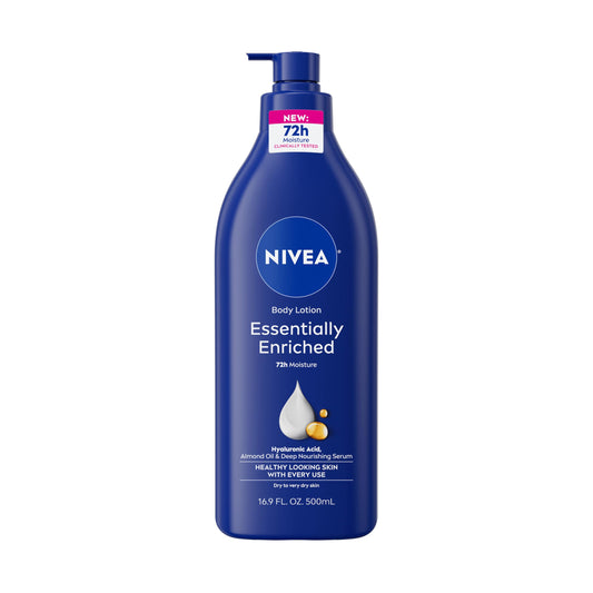 NIVEA front pump bottle showing packaging and easy dispensing benefit