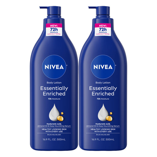 NIVEA front pump bottle shown, clear label and easy dispensing benefit
