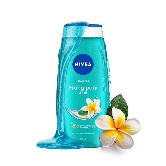 NIVEA bottle front view showing frangipani scent and benefits