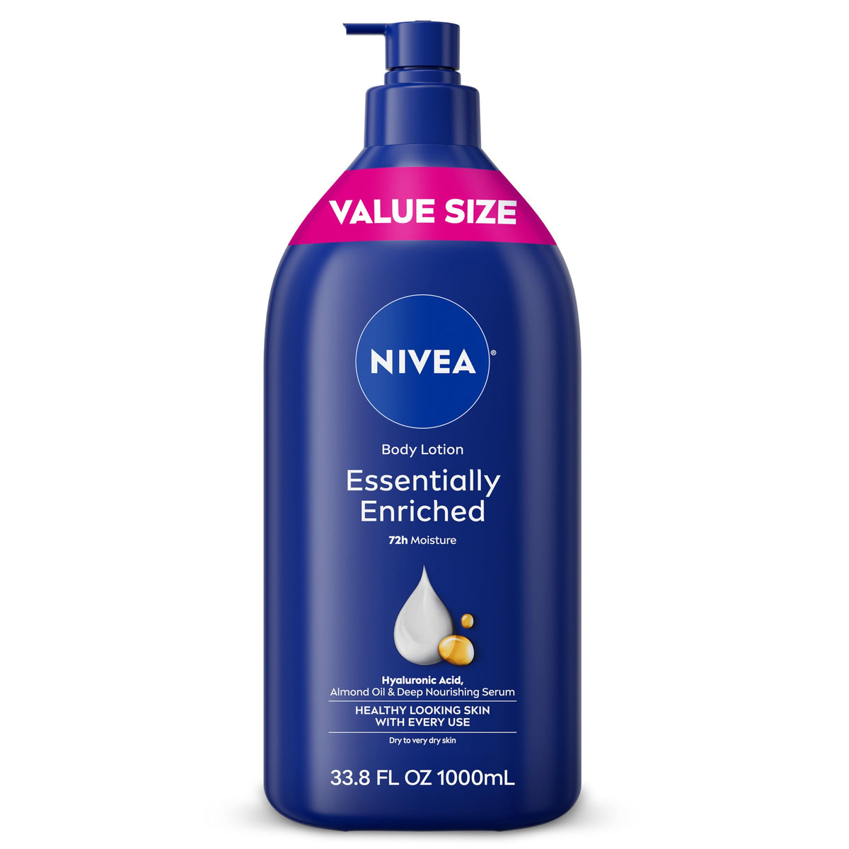 NIVEA front pump bottle showing value size and clear branding for convenience