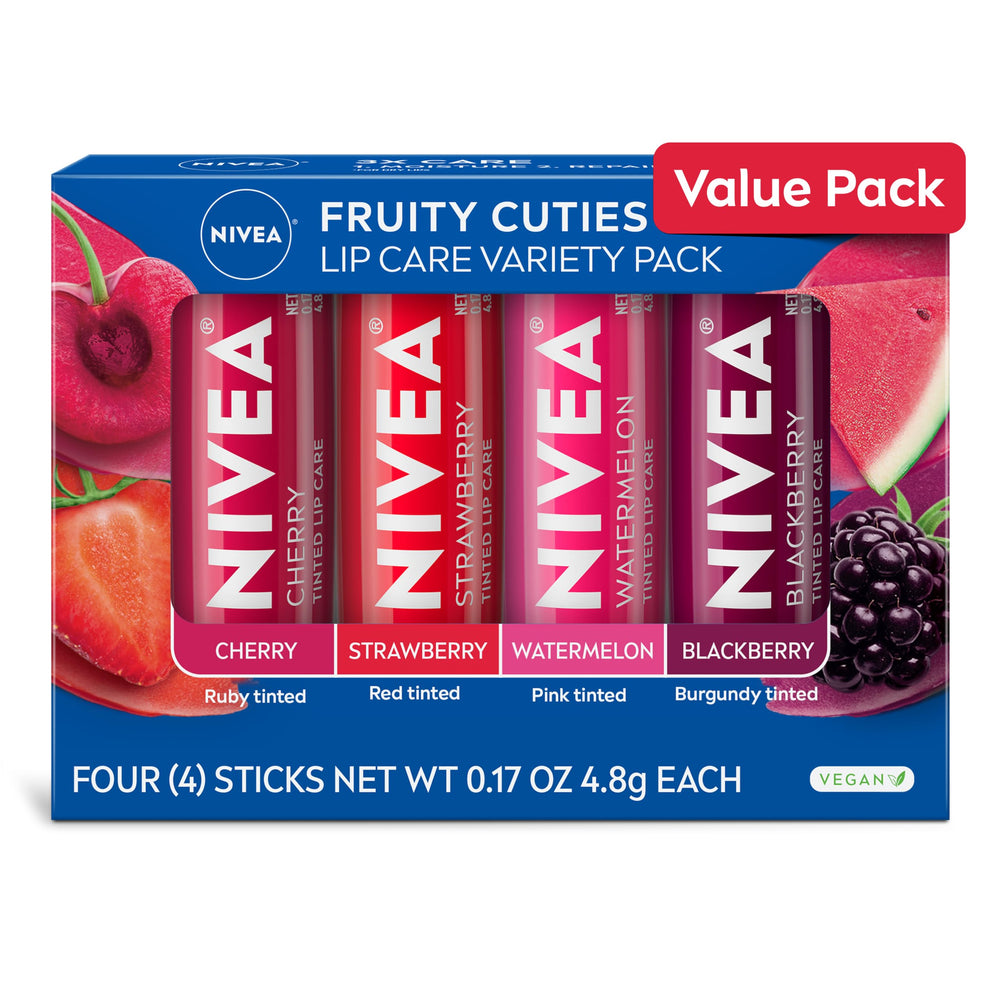 NIVEA front packaging of the fruity tinted lip balm pack showing all four sticks and benefits