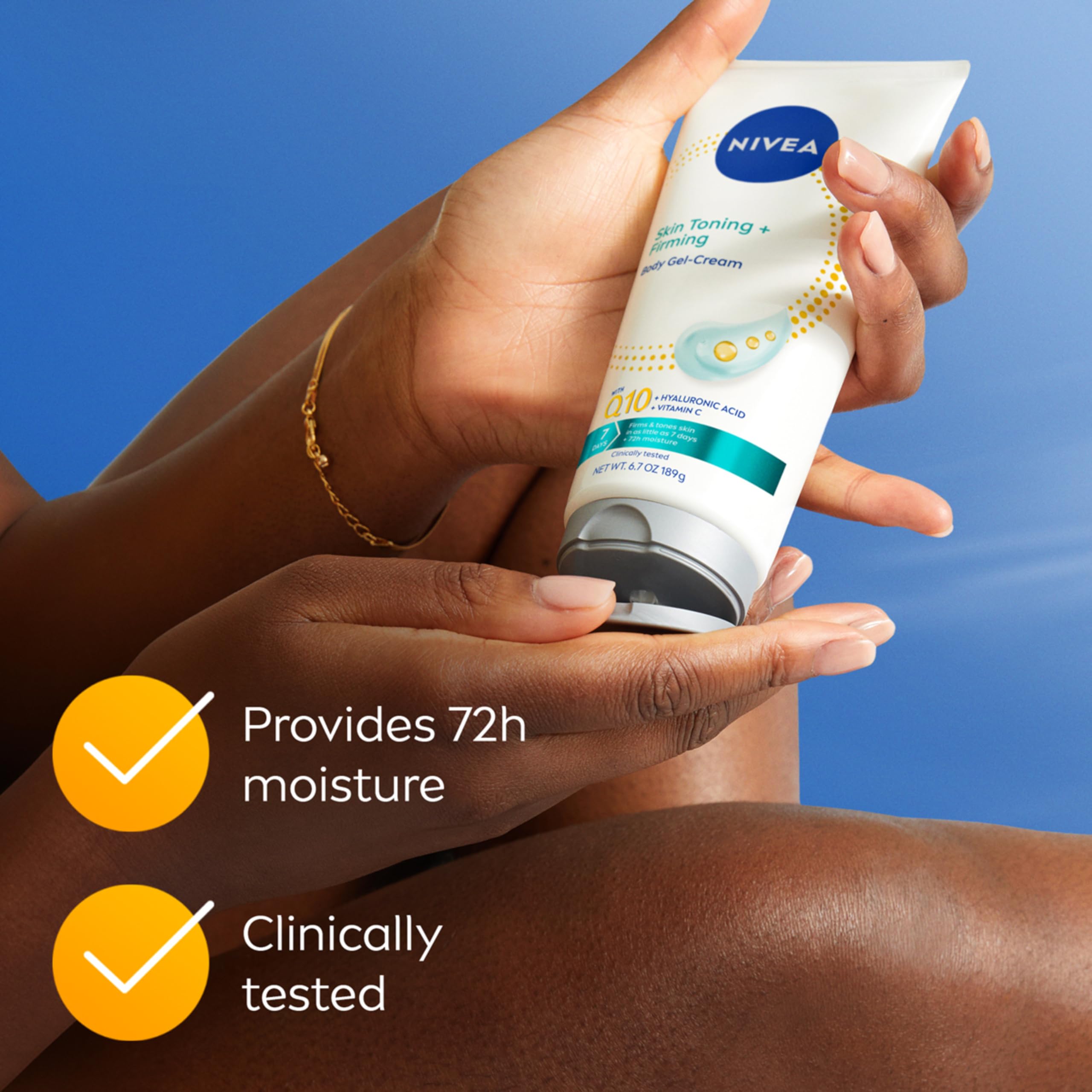 NIVEA gel-cream being applied to thigh showing targeted firming routine advantage