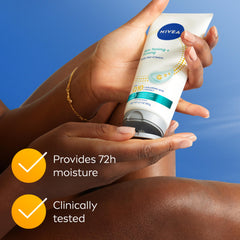 NIVEA gel-cream being applied to thigh showing targeted firming routine advantage