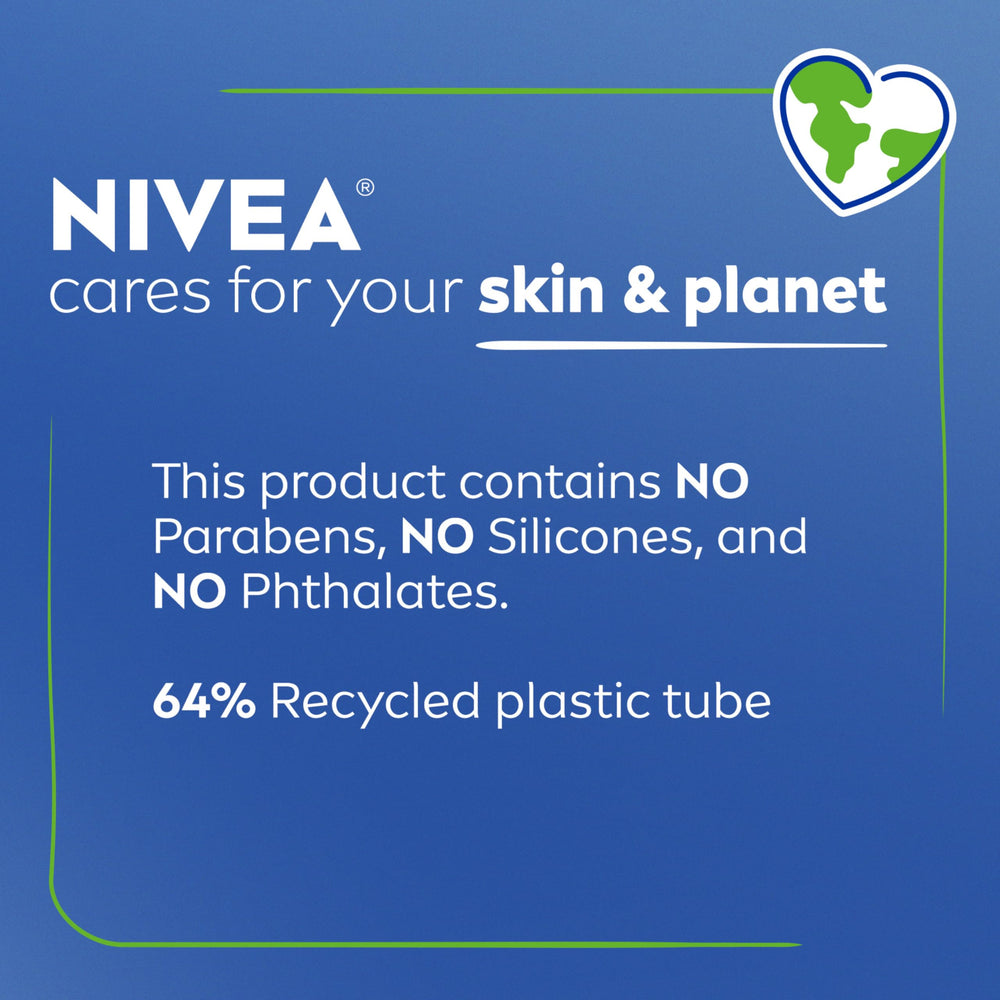 Close-up of NIVEA recycled tube label emphasizing sustainable packaging benefit
