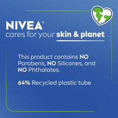Close-up of NIVEA recycled tube label emphasizing sustainable packaging benefit