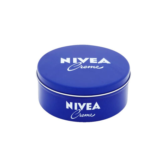 NIVEA metal tin front view showing brand and compact size for reliable storage