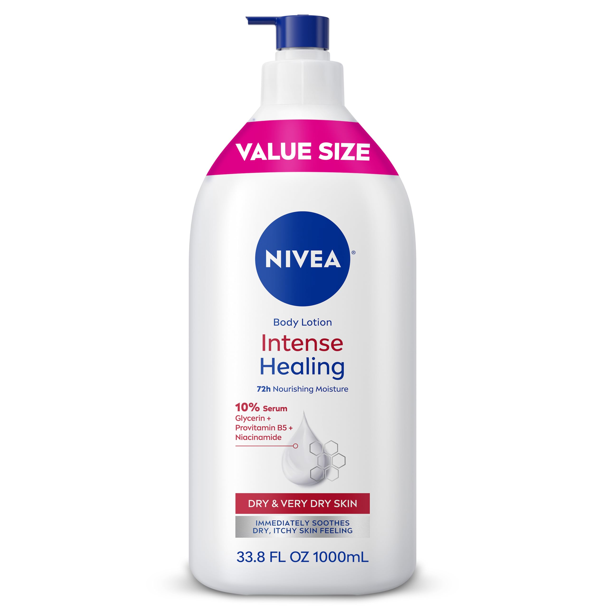 NIVEA pump bottle front view showing value size and easy dispensing benefit