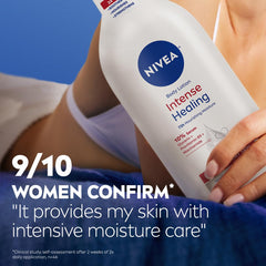 NIVEA bottle next to a hand for scale highlighting the large 33.8 fl oz benefit