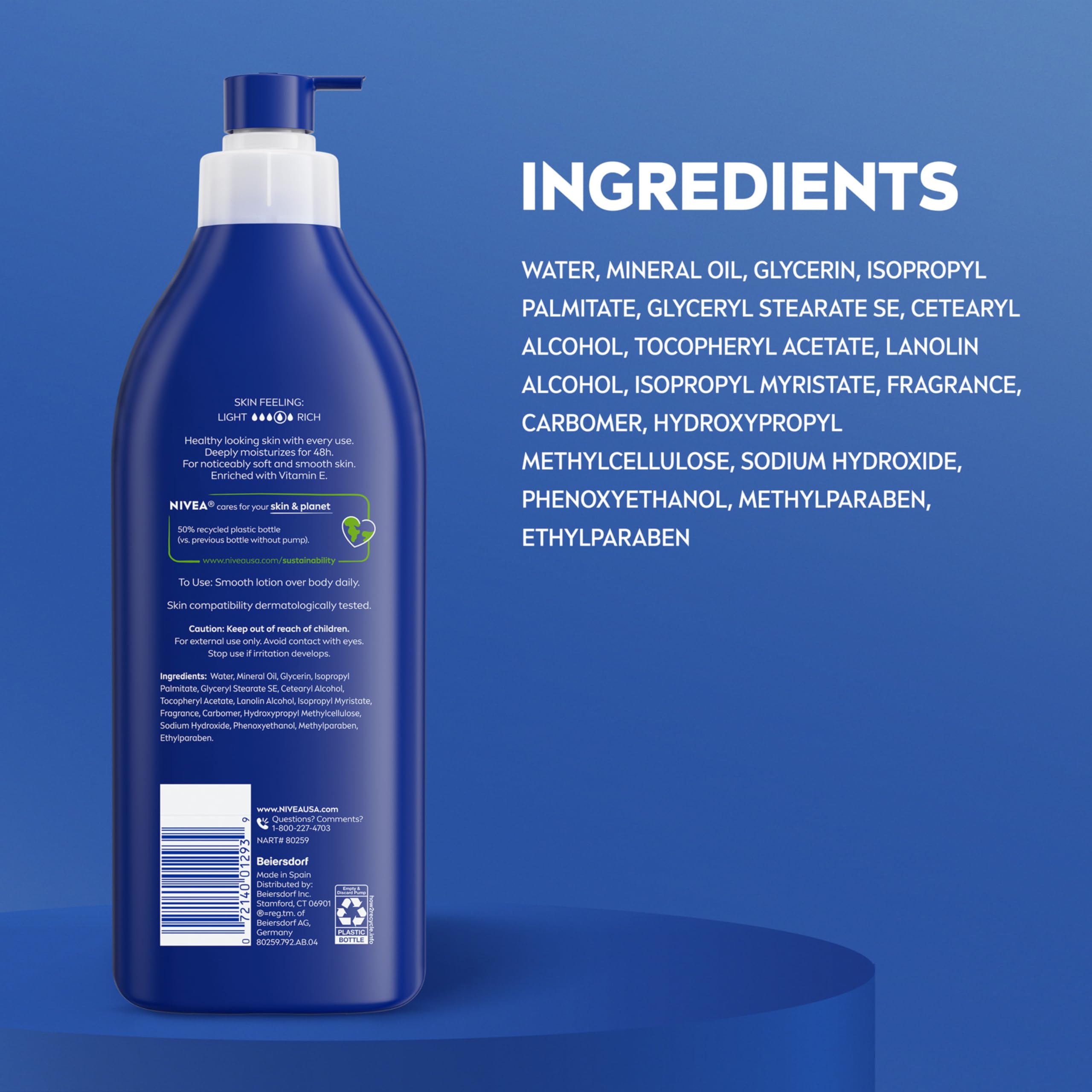 Vitamin E representation beside bottle emphasizing NIVEA nourishing benefit