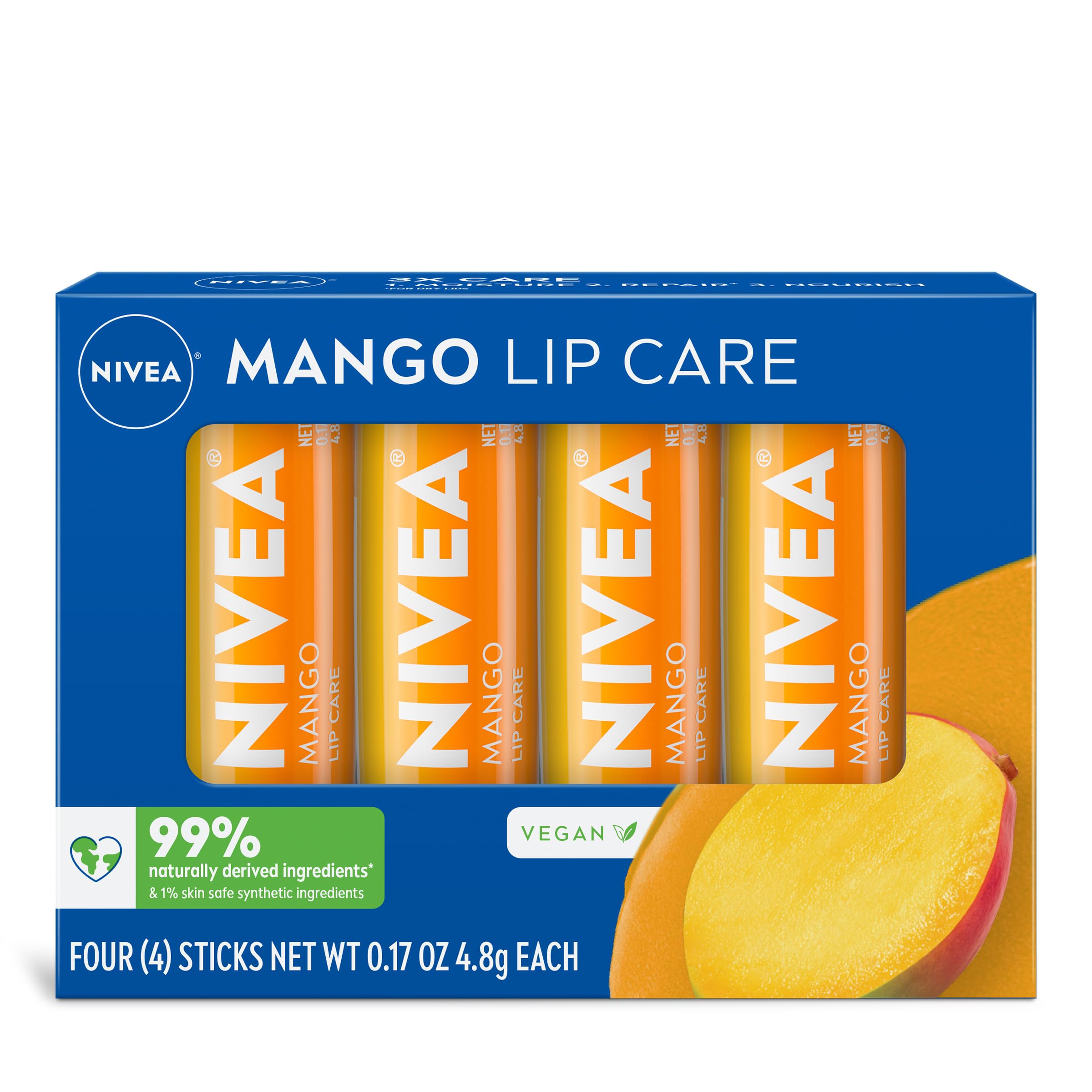 NIVEA front packaging showing mango lip care benefits and vegan label