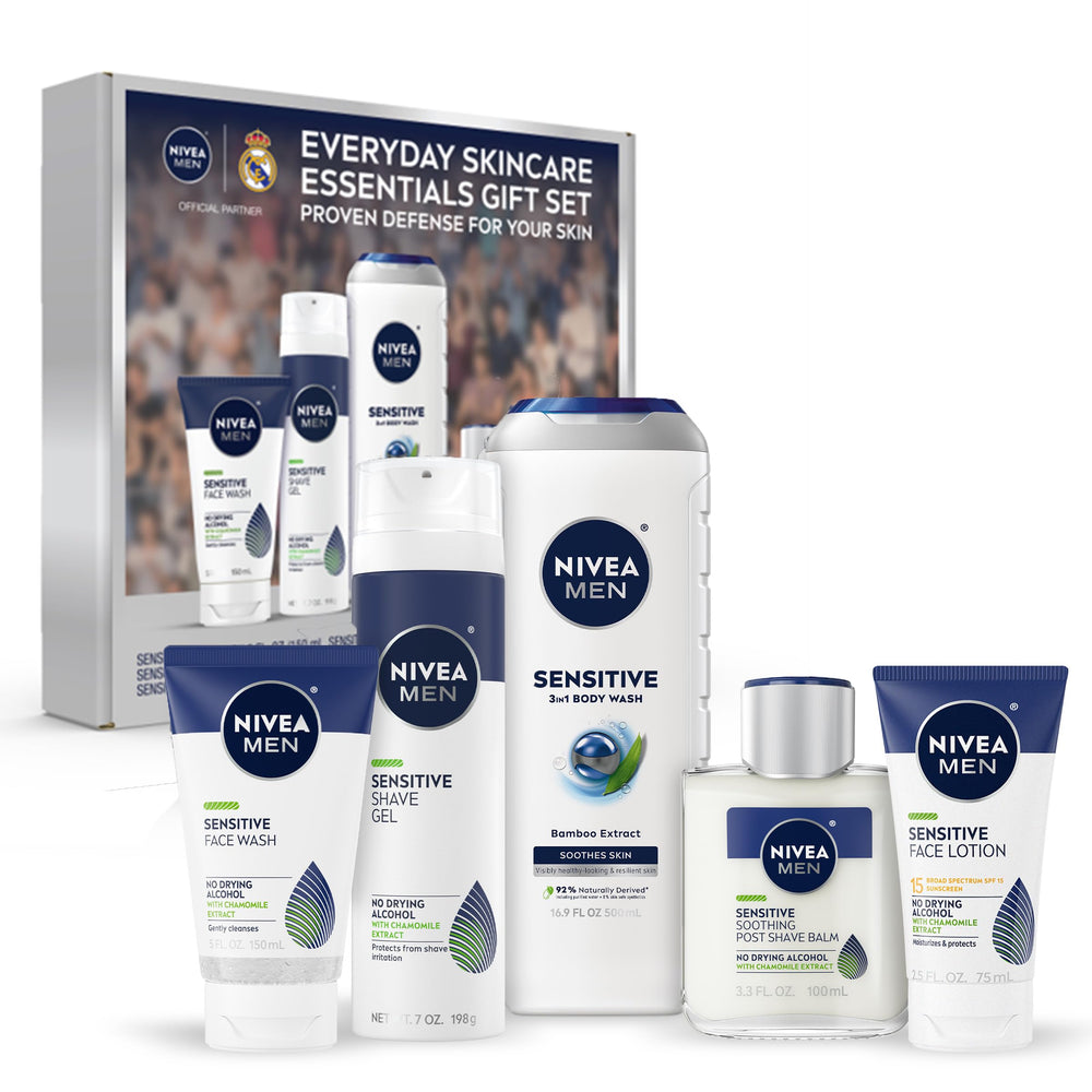 NIVEA MEN front packaging showing full sensitive skin care set and benefits
