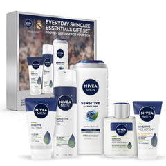 NIVEA MEN front packaging showing full sensitive skin care set and benefits
