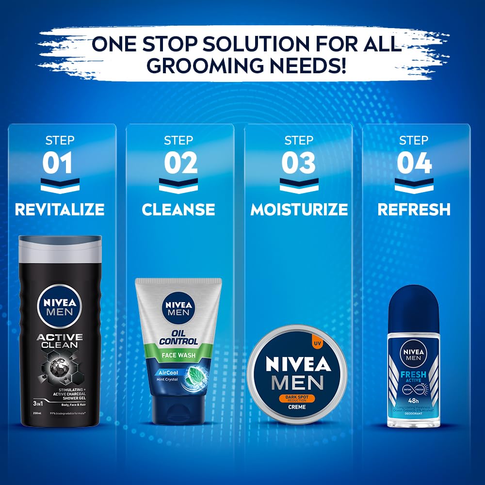 NIVEA Men tube beside coin to show 100g size and portability benefit