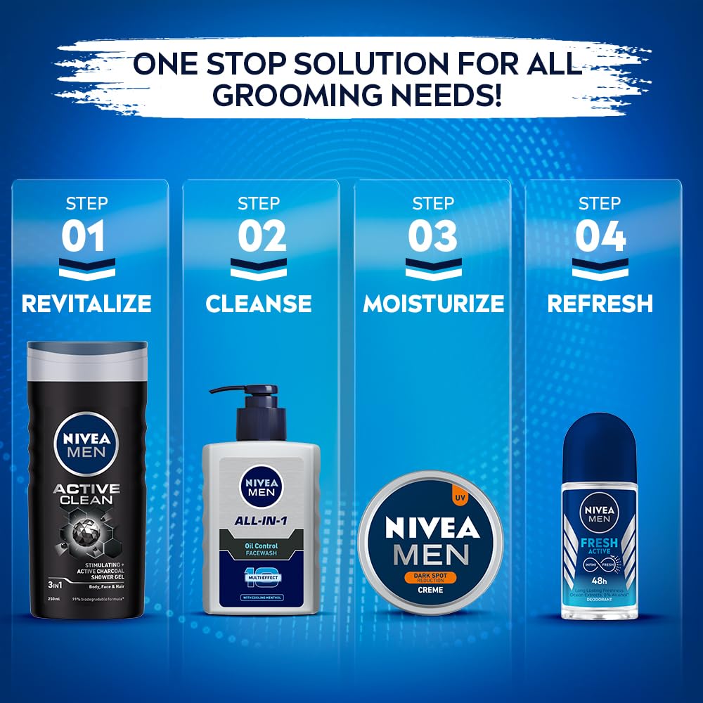 NIVEA men in bathroom routine illustrating quick morning refresh benefit