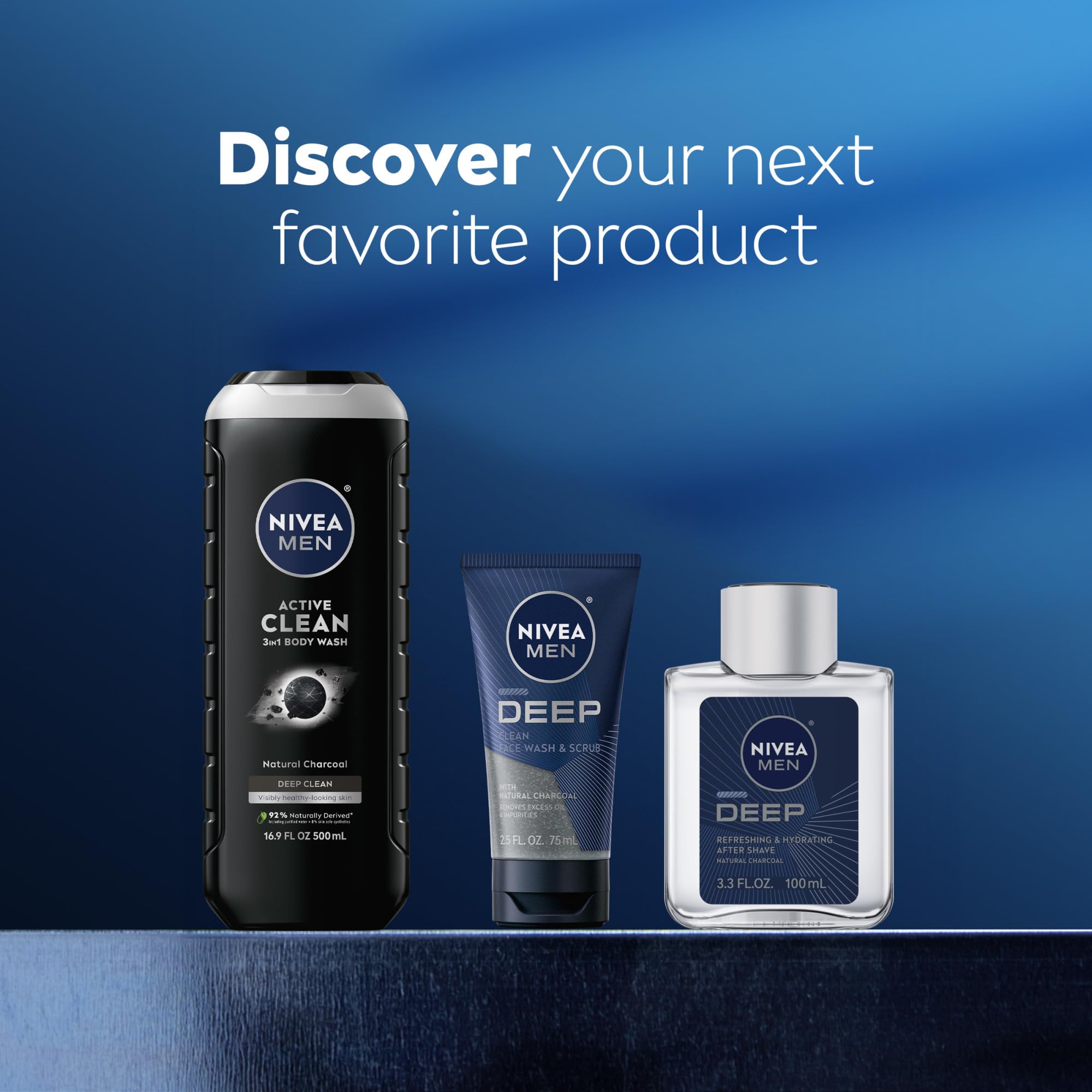 NIVEA MEN 30 oz bottle next to sink showing scale and value