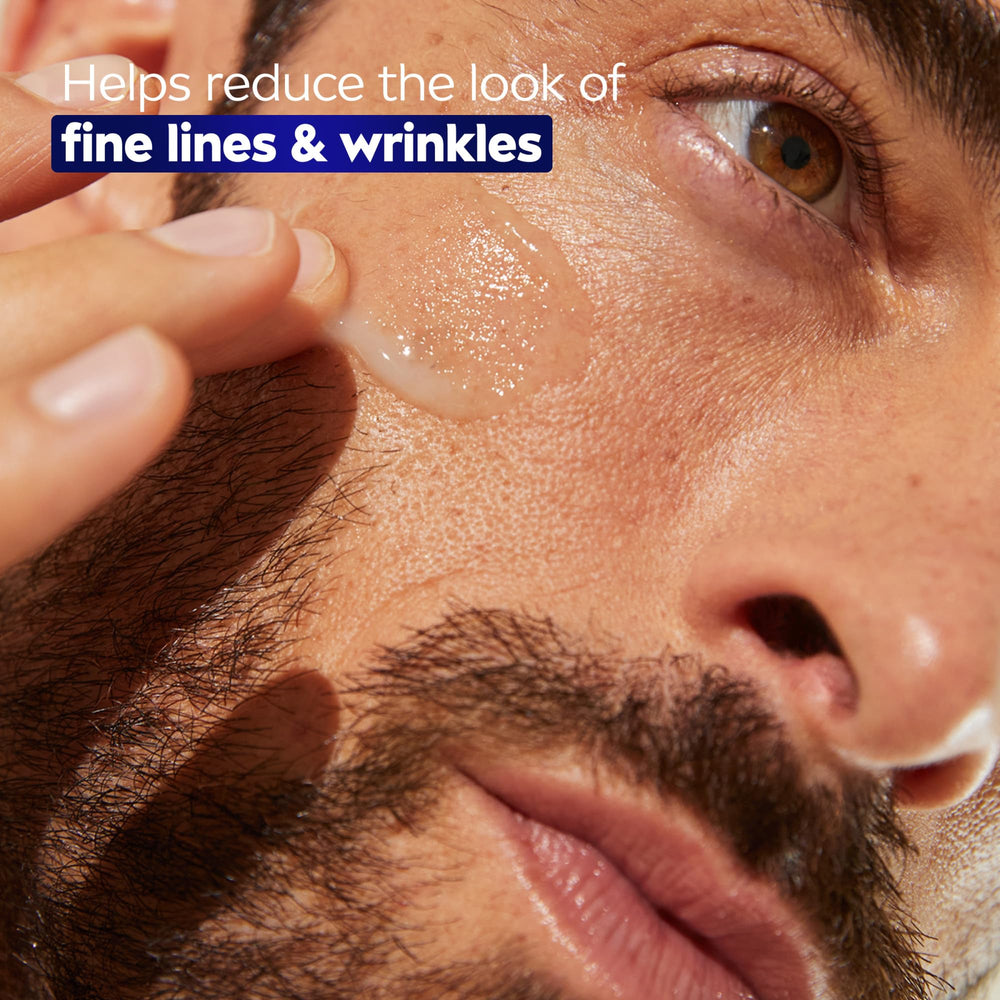 NIVEA MEN close-up of serum texture with hyaluronic droplets, highlights deep hydration