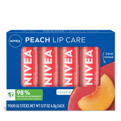 NIVEA front packaging showing four peach tinted balms for everyday hydration