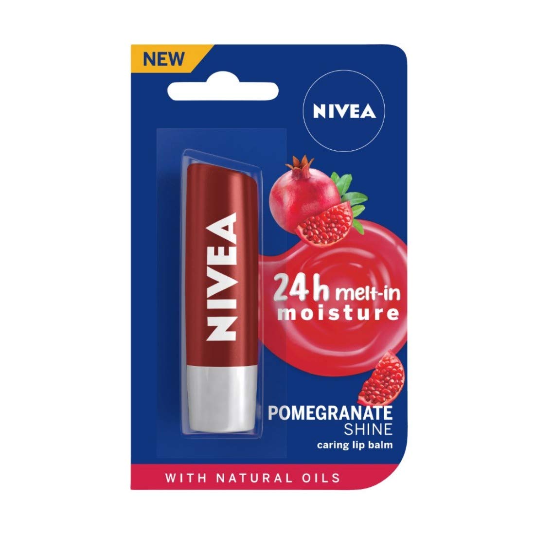 NIVEA front view of Pomegranate Shine lip balm showing compact packaging and color benefit