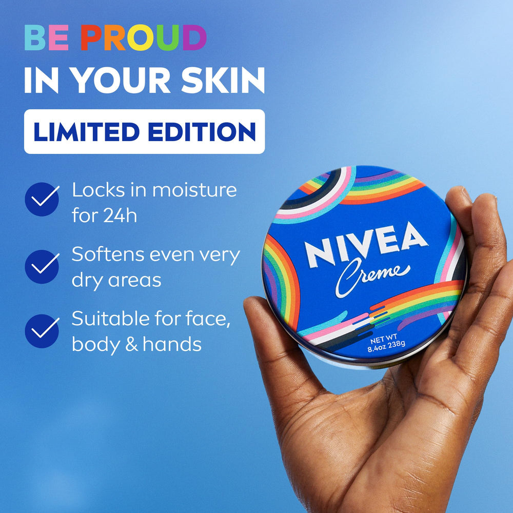 NIVEA pride tin open showing thick creme inside for concentrated moisture